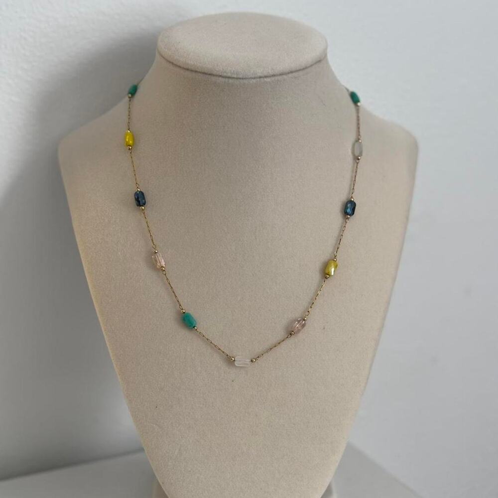 Gold Tone Beaded Necklace Blue Yellow Beads Colorful Jewelry Gift - Picture 3 of 3